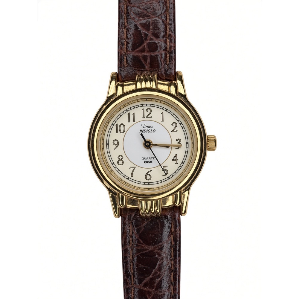 Timex Indiglo Womens Watch Gold Tone Brown Leather Band Water Resistant Quartz
